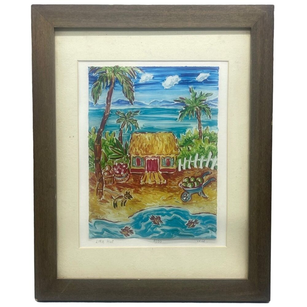 little hut 8/100 wise print framed Caribbean beach fish dog blue 12.5X15.5" READ